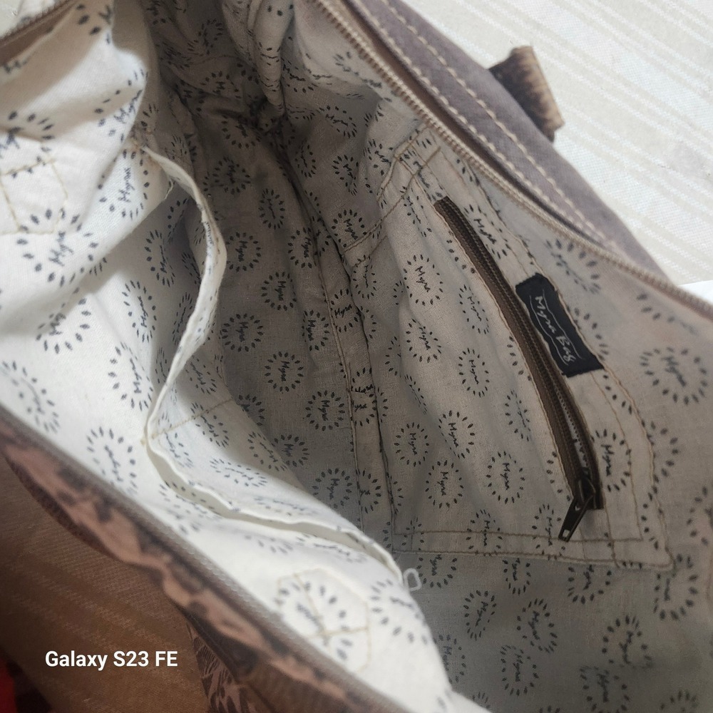 Myra Bag Amaryllis Upcycled Canvas & Cowhide Messenger Bag Rustic Western - Picture 8 of 13